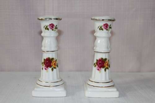A STUNNING PAIR OF "COTTAGE ROSE" FINE BONE CHINA CANDLE STANDS IN SUPERB CONDITION