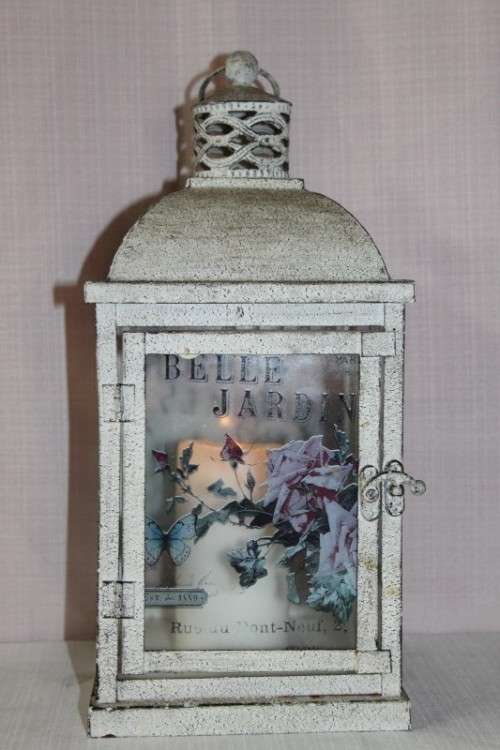 A STUNNING FULL SIZE WHITE DISTRESSED "BELLE JARDINIERE - PARIS" METAL LANTERN