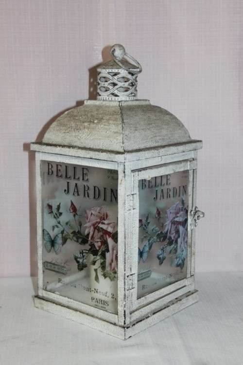 A STUNNING FULL SIZE WHITE DISTRESSED "BELLE JARDINIERE - PARIS" METAL LANTERN