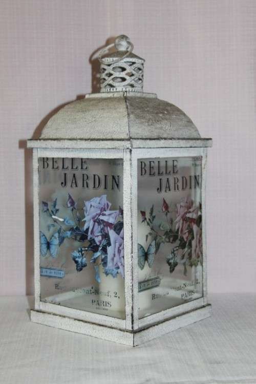 A STUNNING FULL SIZE WHITE DISTRESSED "BELLE JARDINIERE - PARIS" METAL LANTERN