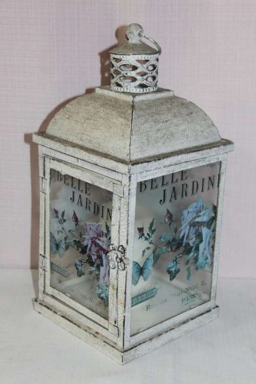 A STUNNING FULL SIZE WHITE DISTRESSED "BELLE JARDINIERE - PARIS" METAL LANTERN