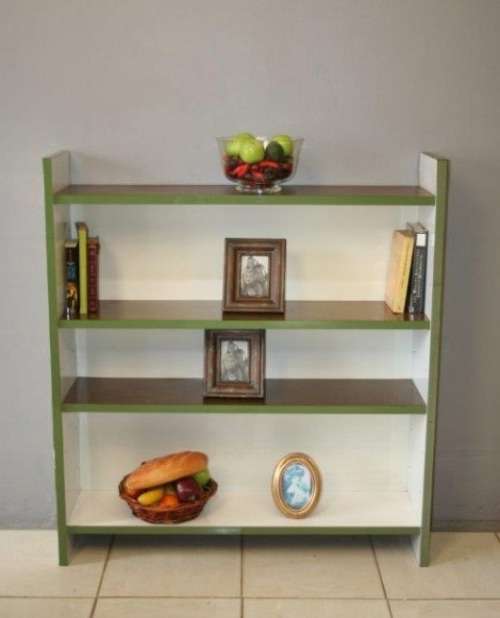 A GORGEOUS WHITE AND BROWN BOOK CASE WITH GREEN FACADES - PERFECT FOR A STUDY OR OFFICE