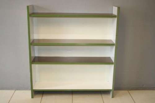 A GORGEOUS WHITE AND BROWN BOOK CASE WITH GREEN FACADES - PERFECT FOR A STUDY OR OFFICE