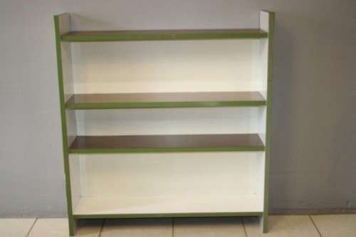 A GORGEOUS WHITE AND BROWN BOOK CASE WITH GREEN FACADES - PERFECT FOR A STUDY OR OFFICE