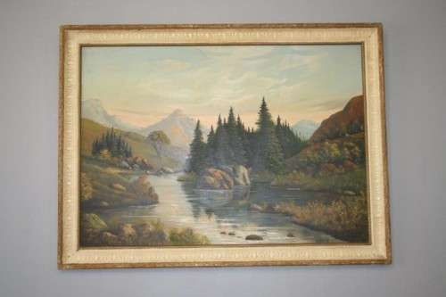 AN AWESOME ORIGINAL SIGNED AND FRAMED OIL ON BOARD LANDSCAPE PAINTING BY SA ARTIST "E. KORUB"