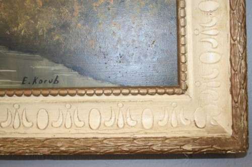 AN AWESOME ORIGINAL SIGNED AND FRAMED OIL ON BOARD LANDSCAPE PAINTING BY SA ARTIST "E. KORUB"
