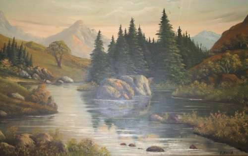 AN AWESOME ORIGINAL SIGNED AND FRAMED OIL ON BOARD LANDSCAPE PAINTING BY SA ARTIST "E. KORUB"