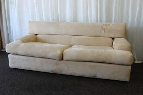 AN AWESOME TAN SUEDE FEEL LARGE 2-SEATER COMFORTABLE COUCH IN AWESOME CONDITION
