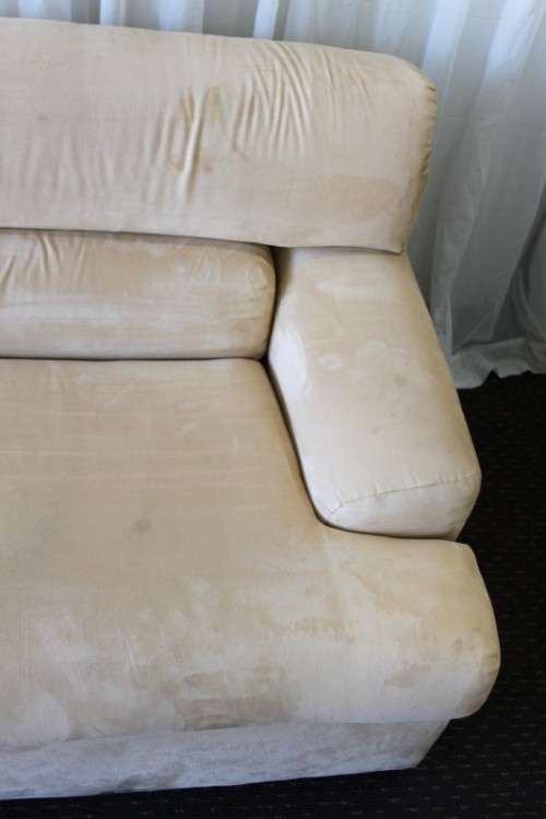 AN AWESOME TAN SUEDE FEEL LARGE 2-SEATER COMFORTABLE COUCH IN AWESOME CONDITION
