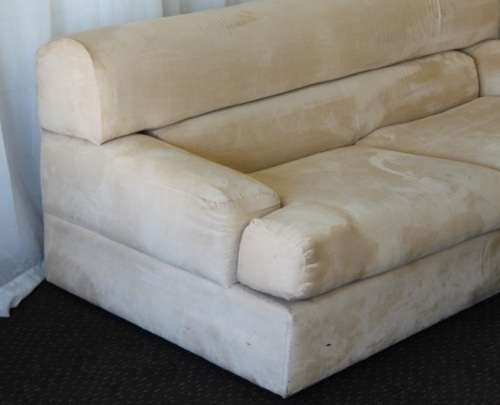 AN AWESOME TAN SUEDE FEEL LARGE 2-SEATER COMFORTABLE COUCH IN AWESOME CONDITION