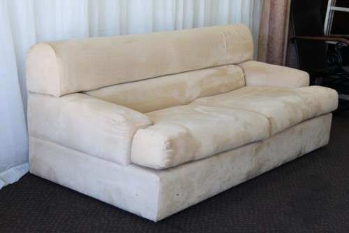 AN AWESOME TAN SUEDE FEEL LARGE 2-SEATER COMFORTABLE COUCH IN AWESOME CONDITION