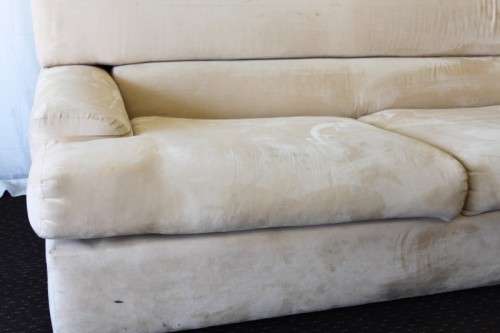AN AWESOME TAN SUEDE FEEL LARGE 2-SEATER COMFORTABLE COUCH IN AWESOME CONDITION