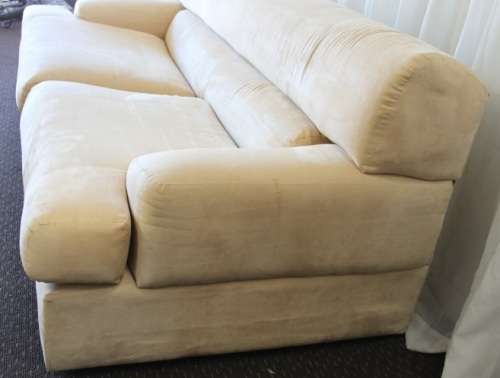 AN AWESOME TAN SUEDE FEEL LARGE 2-SEATER COMFORTABLE COUCH IN AWESOME CONDITION