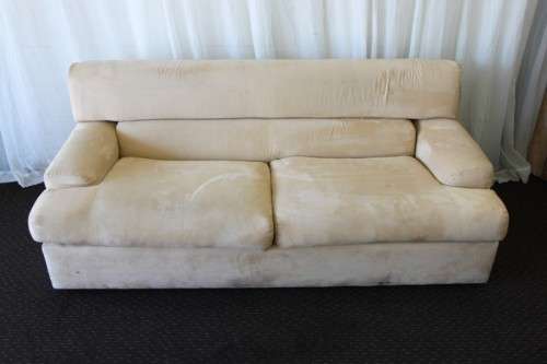AN AWESOME TAN SUEDE FEEL LARGE 2-SEATER COMFORTABLE COUCH IN AWESOME CONDITION