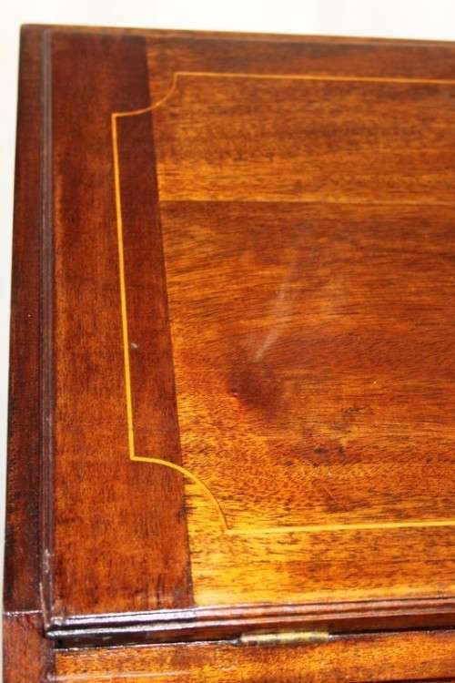 A SUPERB ANTIQUE SOLID TEAK "PAD-FOOT" FLIP-TOP WRITING DESK WITH THREE DRAWERS & INLAY DETAILING