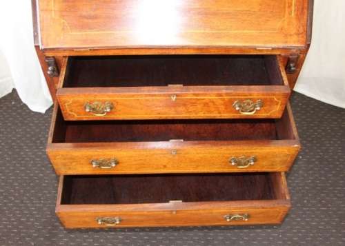 A SUPERB ANTIQUE SOLID TEAK "PAD-FOOT" FLIP-TOP WRITING DESK WITH THREE DRAWERS & INLAY DETAILING