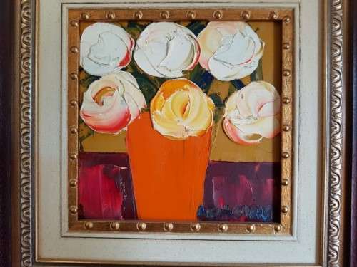 AN EXQUISITELY FRAMED ORIGINAL SIGNED LYNETTE BARNARD OIL PAINTING WITH BOLD STRIKING COLOURS
