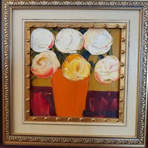 AN EXQUISITELY FRAMED ORIGINAL SIGNED LYNETTE BARNARD OIL PAINTING WITH BOLD STRIKING COLOURS