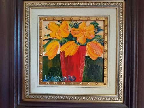 A BEAUTIFULLY FRAMED ORIGINAL SIGNED LYNETTE BARNARD OIL PAINTING WITH BOLD STRIKING COLOURS