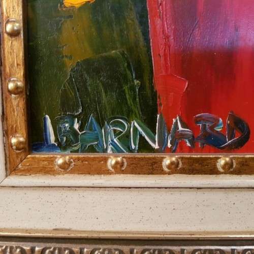 A BEAUTIFULLY FRAMED ORIGINAL SIGNED LYNETTE BARNARD OIL PAINTING WITH BOLD STRIKING COLOURS