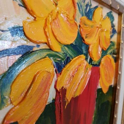 A BEAUTIFULLY FRAMED ORIGINAL SIGNED LYNETTE BARNARD OIL PAINTING WITH BOLD STRIKING COLOURS