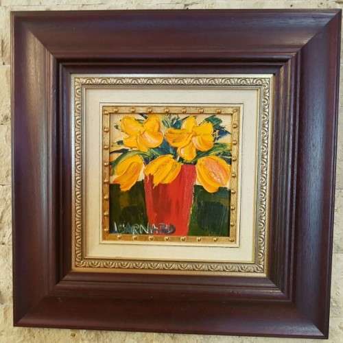 A BEAUTIFULLY FRAMED ORIGINAL SIGNED LYNETTE BARNARD OIL PAINTING WITH BOLD STRIKING COLOURS
