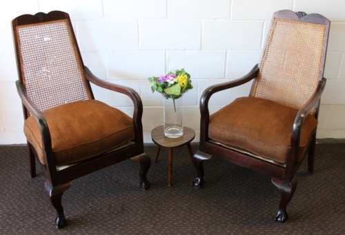 TWO AMAZING VINTAGE SOLID IMBUIA "WICKER BACK" BALL & CLAW OCCASIONAL CHAIRS  bid/chair