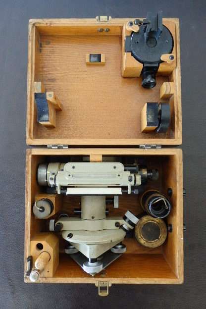 An incredible antique Carl Zeiss Jena theodolite surveyor in the original box with accessories