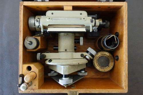 An incredible antique Carl Zeiss Jena theodolite surveyor in the original box with accessories