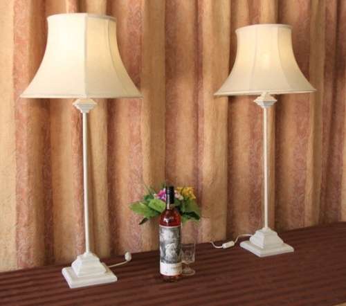 Two beautiful and elegant "tall" occasional table/ bedside lamps with white shades bid/lamp