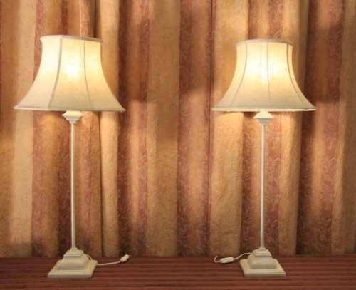 Two beautiful and elegant "tall" occasional table/ bedside lamps with white shades bid/lamp