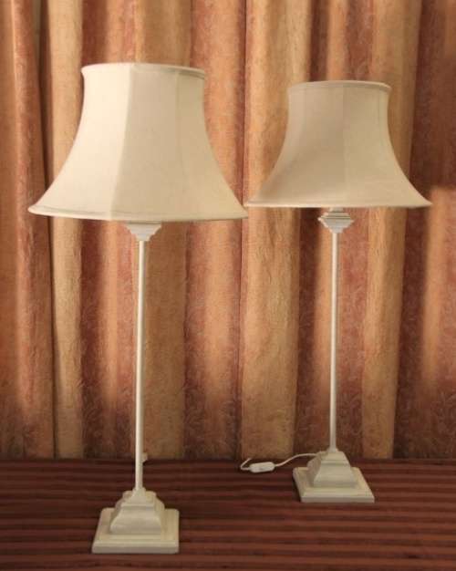 Two beautiful and elegant "tall" occasional table/ bedside lamps with white shades bid/lamp