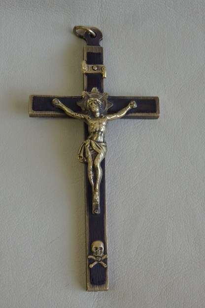 An incredibly rare antique (c1850's) solid brass and Ebony wood Crucifix with "scull & cross bones"