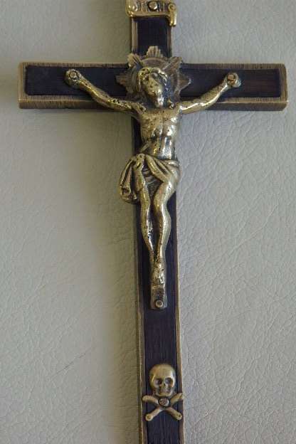 An incredibly rare antique (c1850's) solid brass and Ebony wood Crucifix with "scull & cross bones"