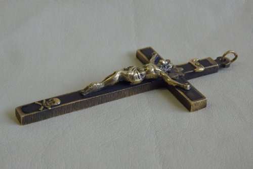 An incredibly rare antique (c1850's) solid brass and Ebony wood Crucifix with "scull & cross bones"