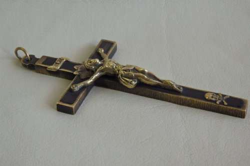 An incredibly rare antique (c1850's) solid brass and Ebony wood Crucifix with "scull & cross bones"
