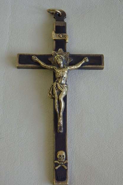 An incredibly rare antique (c1850's) solid brass and Ebony wood Crucifix with "scull & cross bones"
