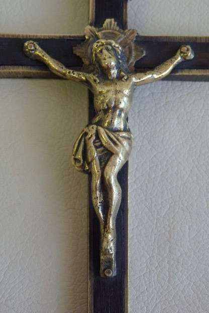 An incredibly rare antique (c1850's) solid brass and Ebony wood Crucifix with "scull & cross bones"