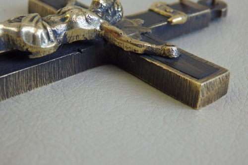 An incredibly rare antique (c1850's) solid brass and Ebony wood Crucifix with "scull & cross bones"