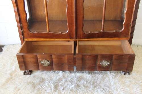 Spectacular large "gabled" ball and claw display cabinet with glass shelves and two drawers | RS17