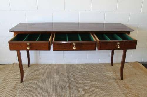 Spectacular teak buffet console/hall table with three spacious drawers in remarkable condition