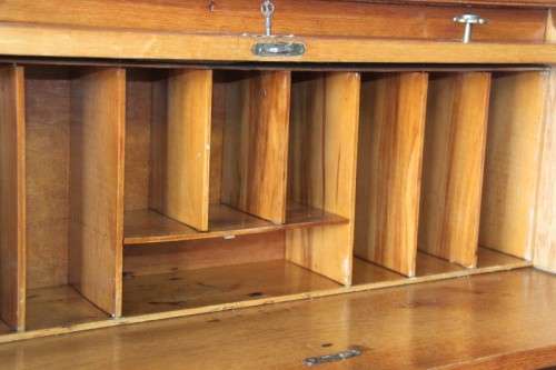 An incredible vintage solid oak roll top writing bureau with pull out writing top - very compact!