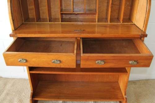 An incredible vintage solid oak roll top writing bureau with pull out writing top - very compact!