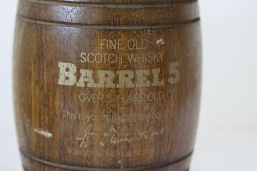 An extremely rare 1975 "Barrel 5" 5-year old "Fine Old Scotch Whisky" sealed whisky barrel decanter