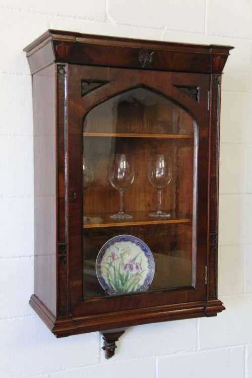 A spectacular antique Regency Apothecary Wall Cabinet w Walnut and Ebony wood inlay detailing