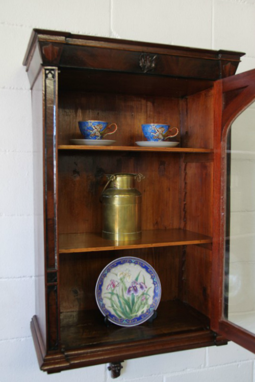 A spectacular antique Regency Apothecary Wall Cabinet w Walnut and Ebony wood inlay detailing
