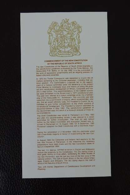 A South African (1984) signed by PW Botha 'New Constitution' first day cover w/ stamps