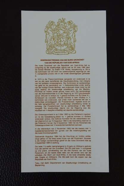A South African (1984) signed by PW Botha 'New Constitution' first day cover w/ stamps