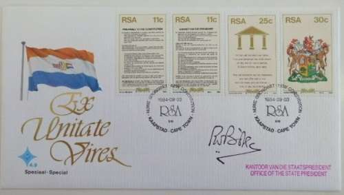 A South African (1984) signed by PW Botha 'New Constitution' first day cover w/ stamps