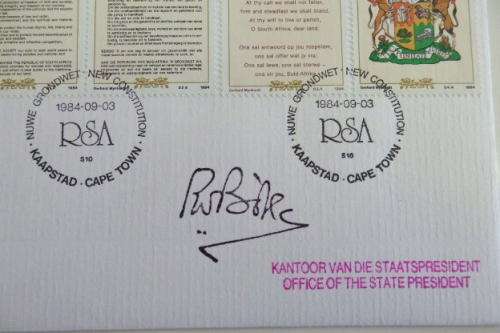 A South African (1984) signed by PW Botha 'New Constitution' first day cover w/ stamps